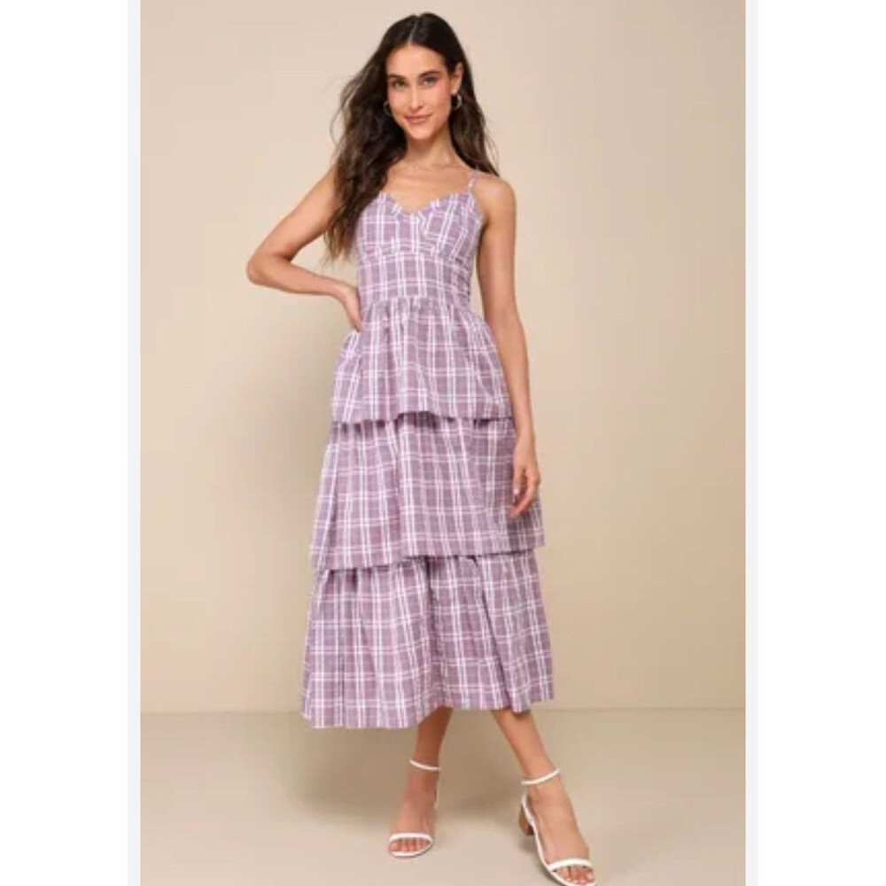 Lulus Purple Plaid Tiered Midi Dress XS Cottagecore Sundress